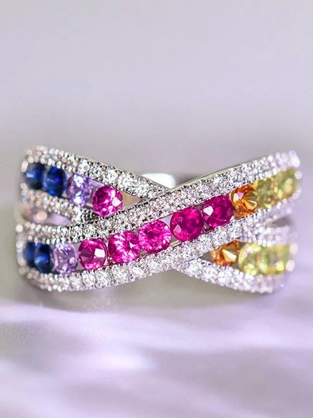 Rainbow CZ Criss Cross Ring | Silver Tone | Colorful Statement Ring